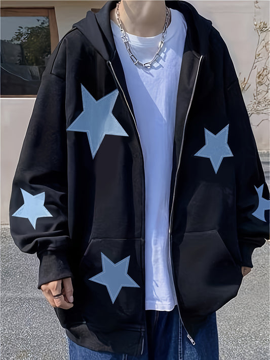 Y2K Star Print Zip Up Hoodie, Long Sleeve Oversized Sweatshirt With Pocket, Women's Clothing